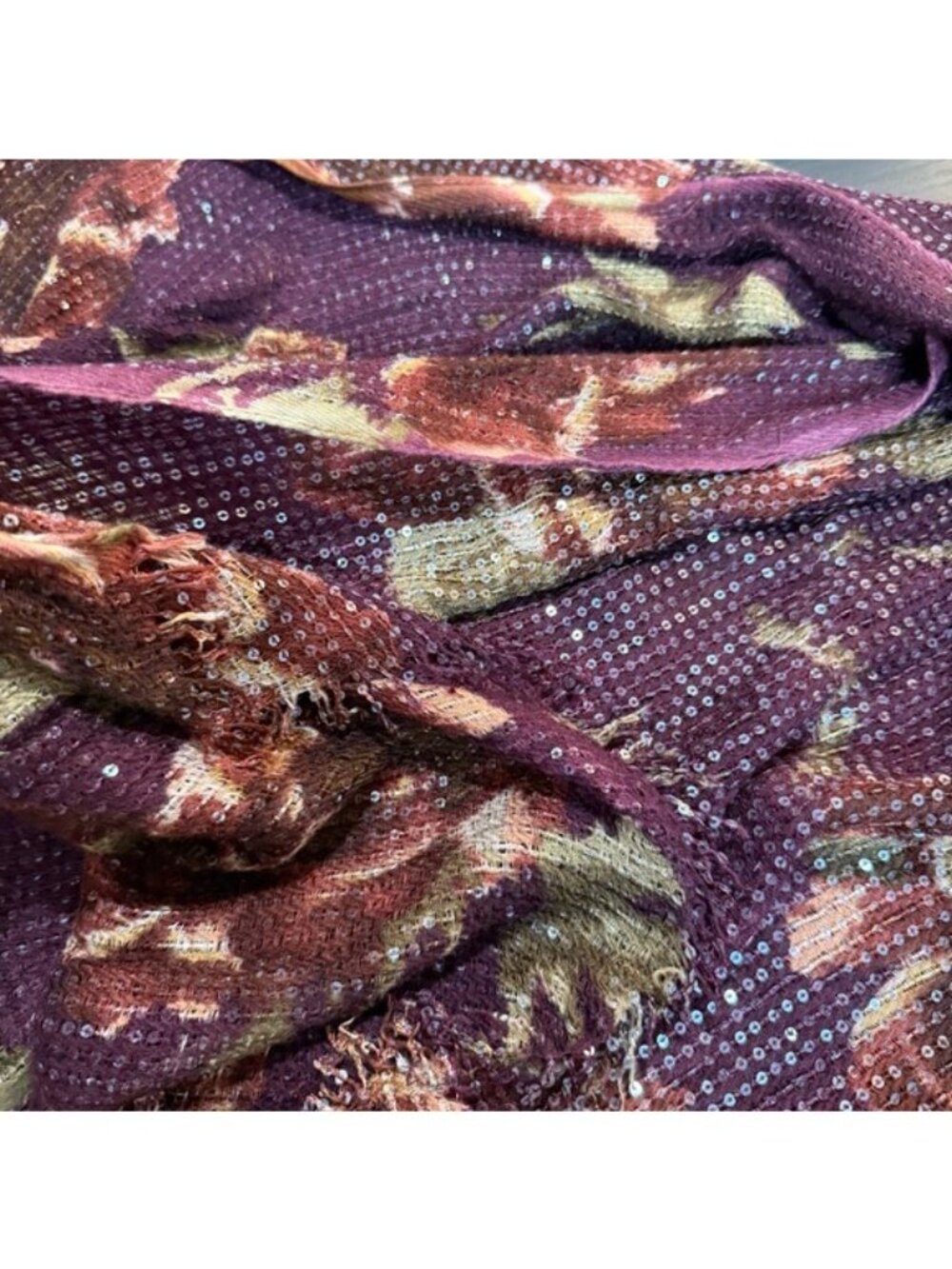 Lauren Ralph Lauren Sequin Scarf Burgundy Brown Abstract Lightweight Wrap - Picture 6 of 8